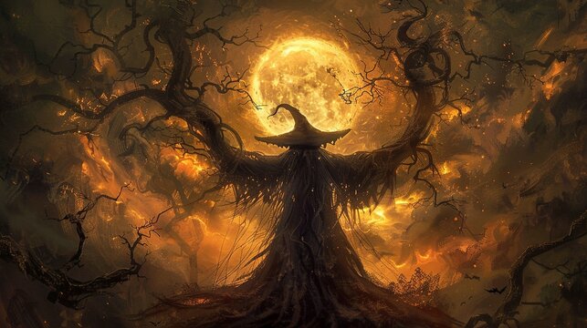 A dark fantasy painting of an old witch standing in the center, arms...