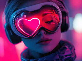 A futuristic woman in vibrant virtual reality with neon heart visuals at night