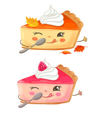 two Cute happy, funny pies of pie, cartoon character. Watercolor style illustration