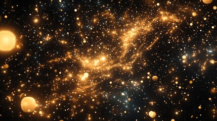 Fototapeta premium Magical golden sparkles floating through a black space, resembling the beauty of a distant starfield