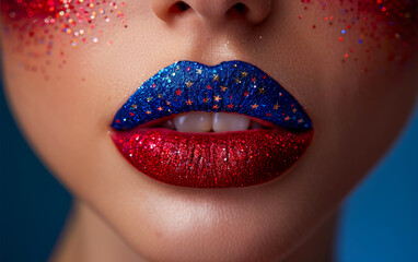 Obraz premium Glittery patriotic lip art A close-up view showcasing vibrant red and blue lip art adorned with glitter stars, reflecting a festive, patriotic theme.