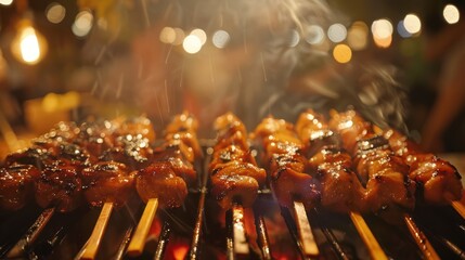 Close-up of Meat Skewers Grilling Over an Open Flame