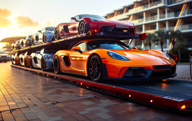 Fototapeta premium Luxury cars on a trailer at sunset A transport trailer carries luxury sports cars, including orange and red models, under a vibrant sunset at a coastal location.