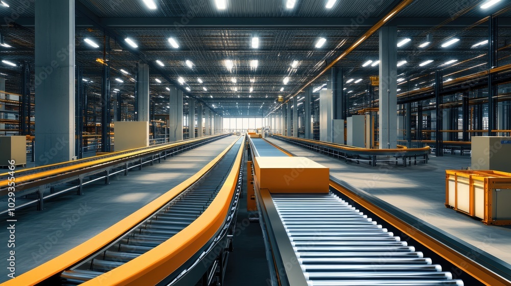 Poster modern distribution center with advanced conveyor belts and automated systems