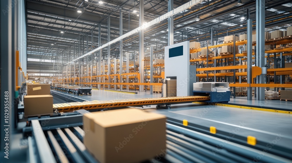 Poster modern distribution center with automated sorting systems and efficient packaging operations, highli