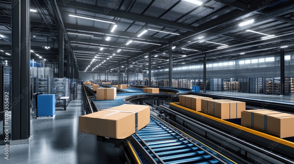 Poster modern distribution center with advanced conveyor belts and automated systems