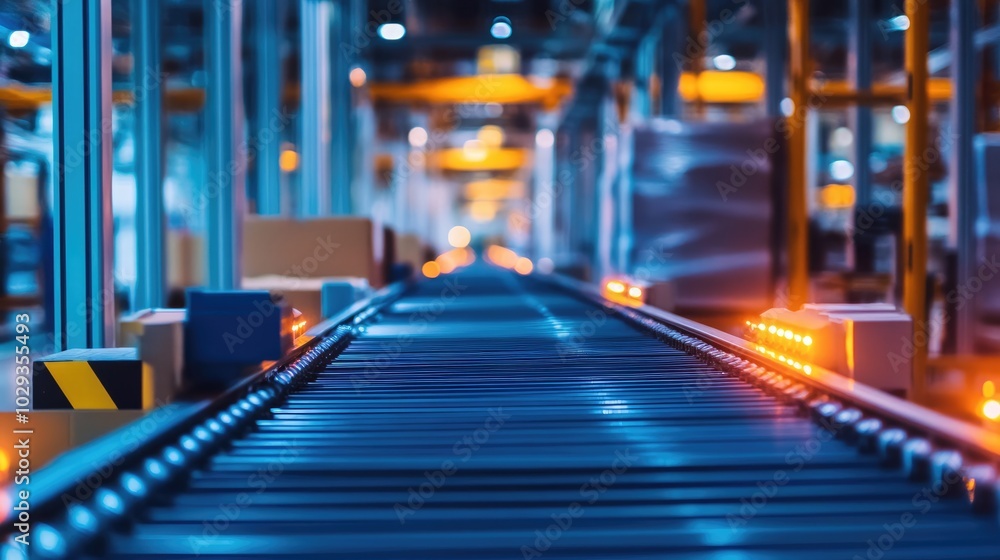 Poster modern distribution center with automated sorting systems and efficient packaging operations, highli