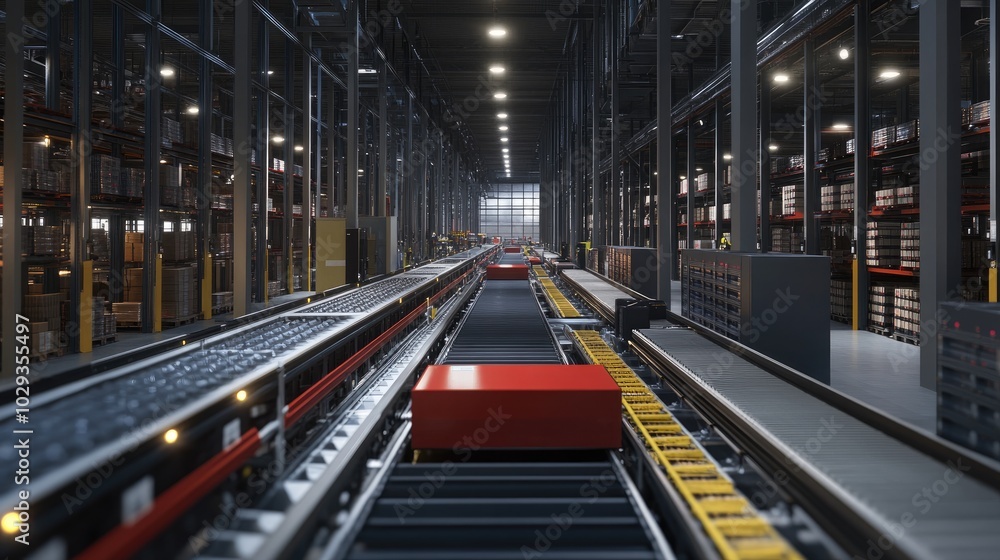 Poster modern distribution center with automated sorting systems and efficient packaging operations, highli