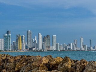 Beautiful aerial view of Bocagrande Hotel area in the upmarket area popular for its long, sandy beaches backed by palm-lined promenades0 Cartagena Colombia