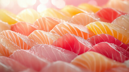 A close-up of assorted fresh sashimi slices, featuring vibrant colors and intricate marbling, beautifully arranged in rows under soft, glistening light.