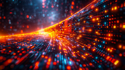 Vibrant digital data stream flowing through space Colorful data points create a mesmerizing flow in a digital landscape, showcasing technology and innovation in an abstract manner.