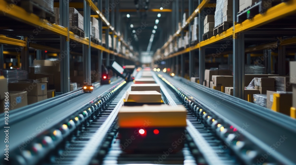 Poster modern distribution center with robotic systems handling inventory and preparing orders for shipment