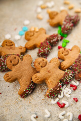 Christmas gingerbread man ginger cookie party dessert christmas treat delicious gourmet food background on the table rustic copy space top view
