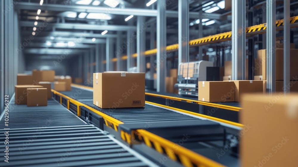 Poster modern distribution center with streamlined processes and automated package handling