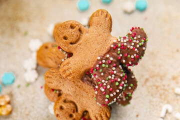 Christmas gingerbread man ginger cookie party dessert christmas treat delicious gourmet food background on the table rustic copy space top view