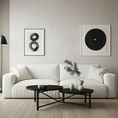Minimalist living room, monochromatic palette, white sofa, black coffee table, abstract circular artwork, framed black and white print, textured white wall, wooden floor, soft natural lighting, sleek 