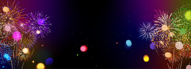 Celebration banner, colorful fireworks background