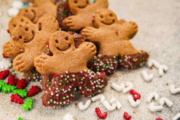 Christmas gingerbread man ginger cookie party dessert christmas treat delicious gourmet food background on the table rustic copy space top view