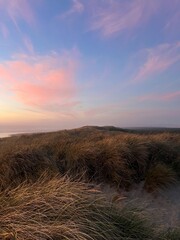 Sunset over grassy dunes with pastel sky reflecting serenity at a coastal location