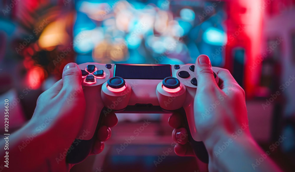 Wall mural gamer with controller in setup a player holds a video game controller in a vibrant gaming environmen