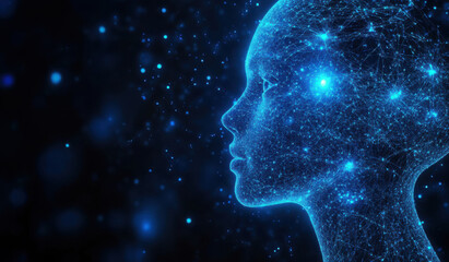 Fototapeta premium Blue digital wireframe hologram of human head representing artificial intelligence and future technology in a glowing network structure