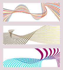 Wavy lines or ribbons. Set of 3 backgrounds. Multicolored striped gradient. Creative unusual background with abstract gradient wave lines to create a trendy banner, poster. vector eps