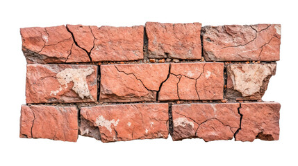 Cracked red bricks wall texture isolated on transparent background, old and damaged construction