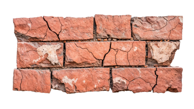 Cracked red bricks wall texture isolated on transparent background, old and damaged construction