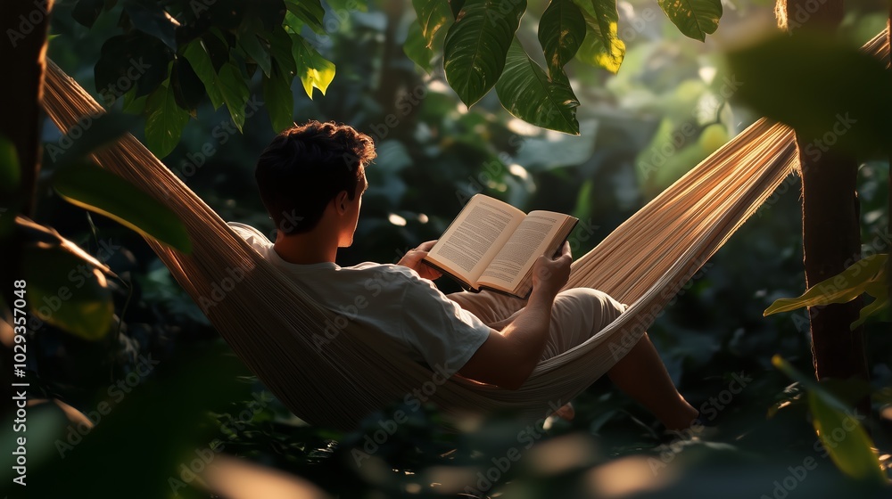 Poster a person relaxing in a hammock while reading a book among lush greenery in a serene forest during th