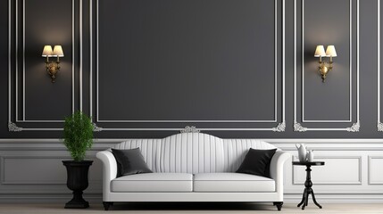 Classic Interior Design with White Sofa and Black and White Wall Moldings