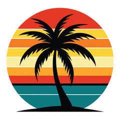 Retro Sunset with Palm Tree Vector - Vintage T-Shirt Design Illustration