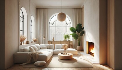 Fototapeta premium Bright modern living room, arched windows, white walls, built-in fireplace, large white sectional sofa, round wooden coffee table, pendant light fixture, indoor plant, minimalist decor, natural light,