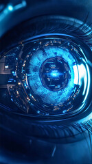 A robotic blue eye scanning its surroundings, a humanoid robotic eye with various scientific and technological scanners within it, analyzing its environment.