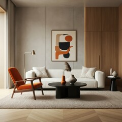 Modern minimalist living room, abstract art, warm color palette, orange armchair, white sofa, black coffee table, geometric shapes, natural light, wooden floor, textured rug, sleek floor lamp, ceramic