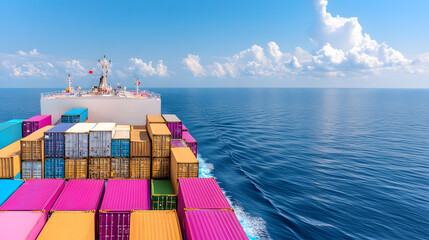 A captivating depiction of a cargo ship navigating on sparkling waters beneath a vast blue sky, symbolizing maritime adventure and transport.