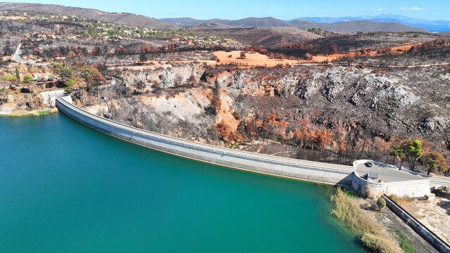 Aerial drone photo of lake and dam of Marathon after mega fires of Athens in August 2024, Attica, Greece