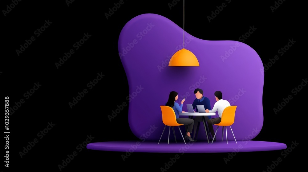 Poster team collaboration: a 3d illustration depicting a team of four individuals engaged in a collaborativ