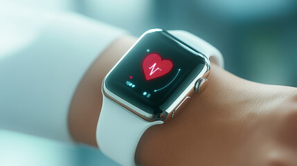 A smartwatch with a white band displays a heart rate graphic, indicating health tracking. The screen shows a red heart and a heart rate icon.