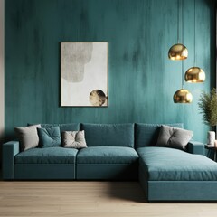 Fototapeta premium modern living room, teal walls, textured paint, large blue sectional sofa, golden pendant lights, wooden floor, abstract wall art, tripod floor lamp, minimalist decor, natural light, cozy atmosphere, 