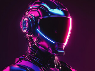 Futuristic robotic warrior illuminated by vibrant neon lights in a dark, high-tech environment
