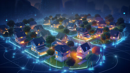 Modern housing estate of single-family houses with a holographic network of connections, smart homes, sustainable development, energy sharing, using 5G to optimize energy consumption and cloud-based v