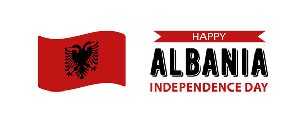 Albania Independence Day, simple minimalist web banner design. Text Happy Albania Independence Day and Albanian flag isolated on white background.
