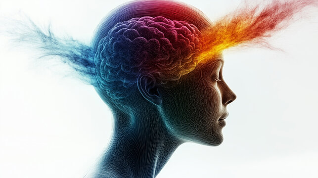 A Vibrant Exploration of Neurodiversity, Featuring an Artistic Representation of a Human Head With Colorful Powder Exploding From the Brain