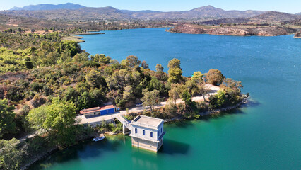 Aerial drone photo of lake and dam of Marathon after mega fires of Athens in August 2024, Attica,...