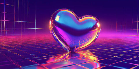 A metallic liquid heart, glossy metallic liquid, on a retro grid dark background, y2k aesthetic valentine day banner, techno futuristic love card.