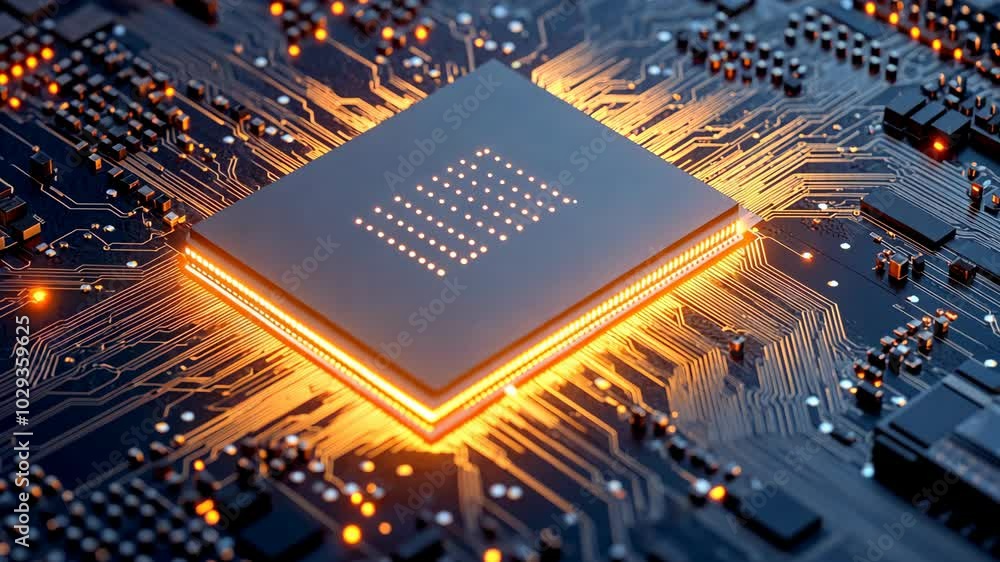 Poster a close-up view of a computer chip glowing brightly on a circuit board
