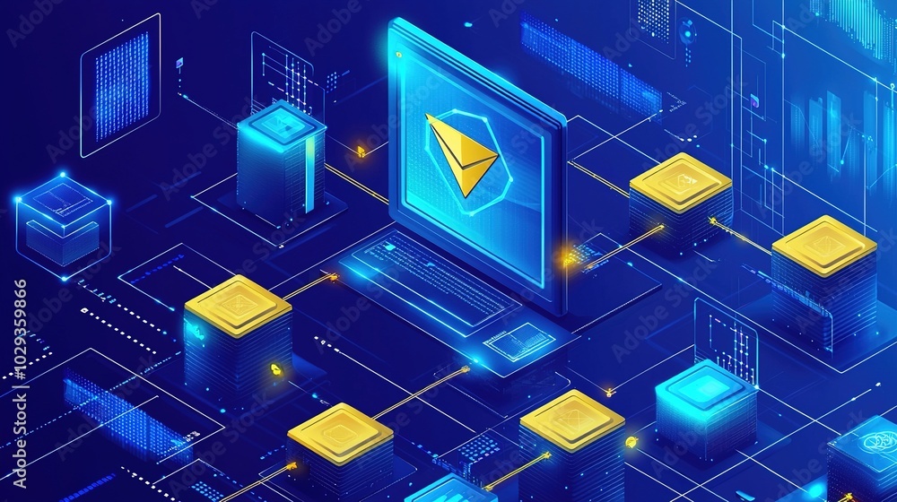 Poster a digital illustration depicting a computer network, featuring blockchain elements and gold coins, s