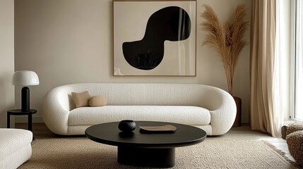 Minimalist living room, curved white sofa, black round coffee table, abstract black shape artwork, beige walls, sisal rug, black table lamp, dried pampas grass, window with sheer curtains, monochromat