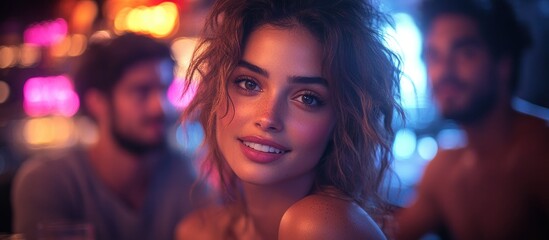 A young woman with wavy hair and a warm smile looks directly at the camera. She is in a dimly lit setting with two men in the background, one partially obscured by a bright light.