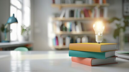 Illuminated Lightbulb Atop a Stack of Books
